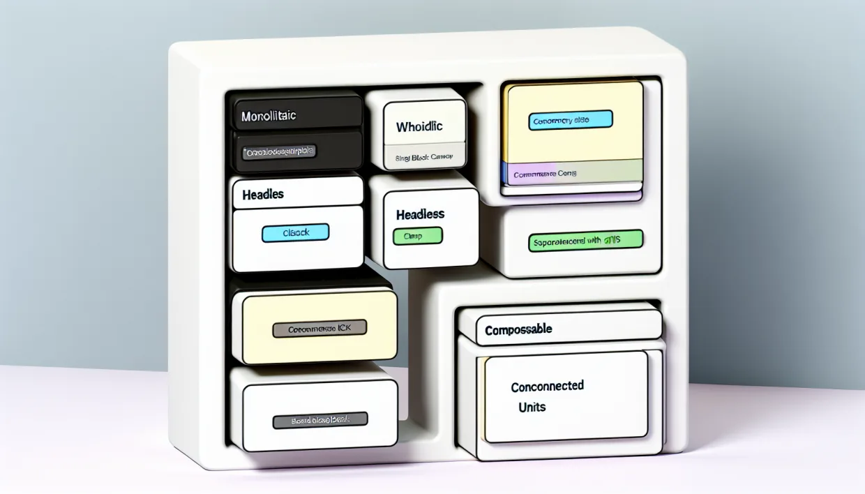 Schéma comparatif architectures e-commerce : monolithique vs headless vs composable commerce