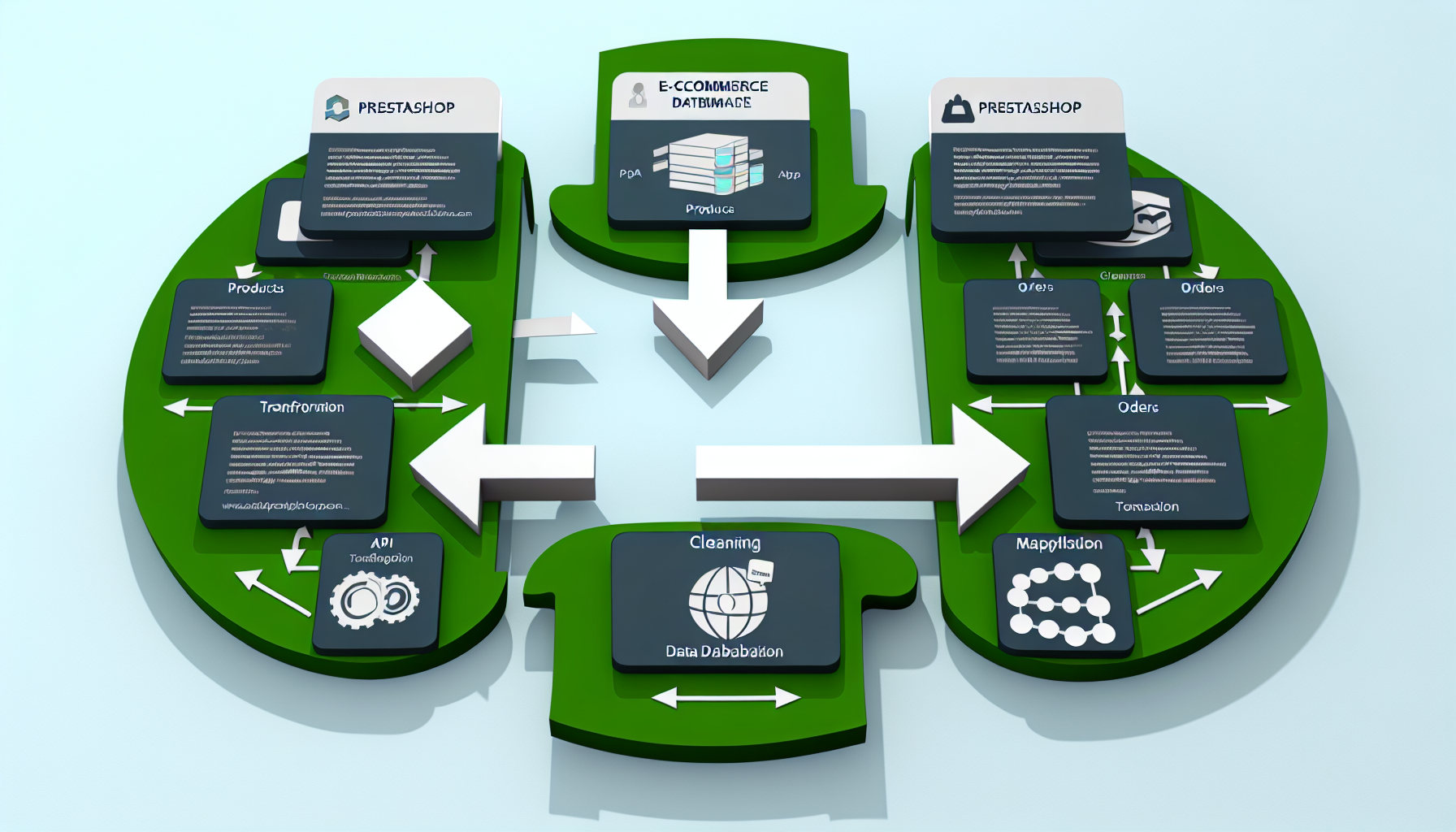 Schéma flux migration données PrestaShop vers Shopify processus technique