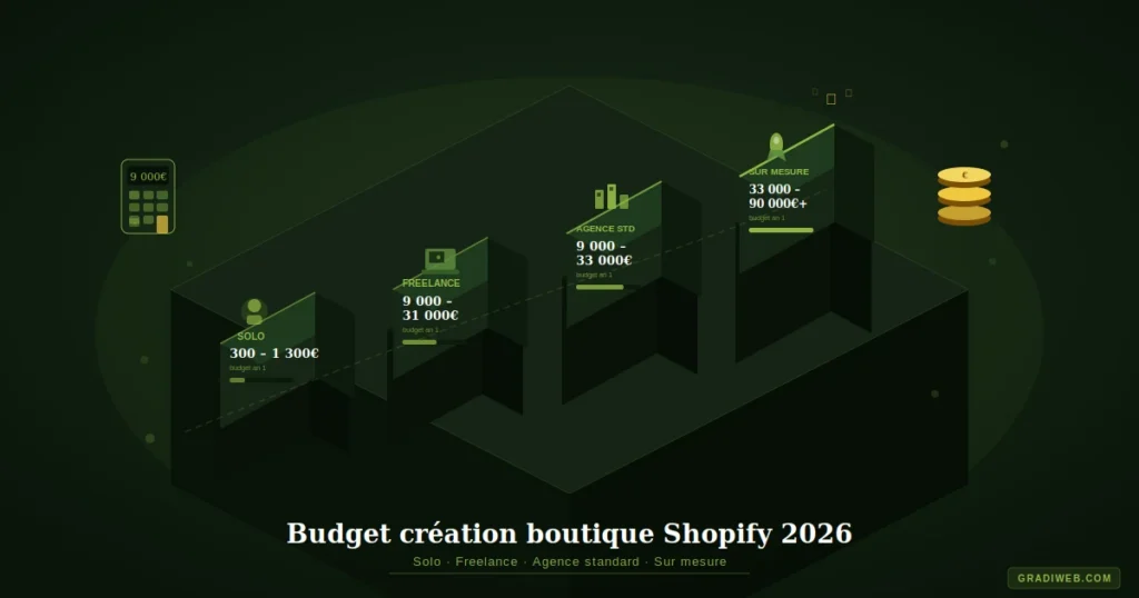 Budget total création boutique Shopify selon profil solo, freelance ou agence